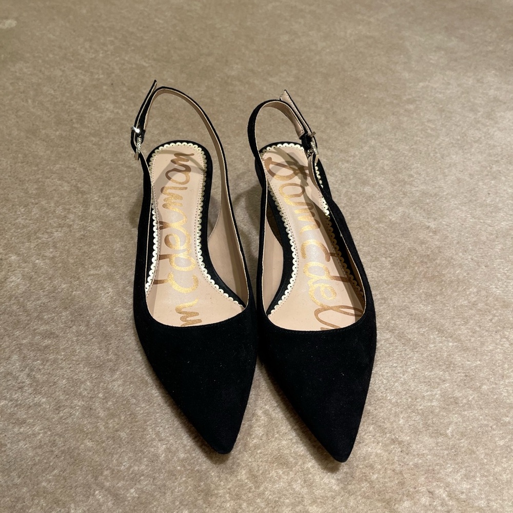 Sam Edelman kitten sling back heels in black suede. Size 7.5. Unworn. Like new.
